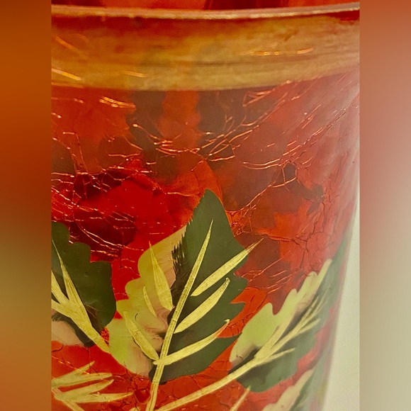 Vintage Red Crackle Glass Hurricane Vase Hand Painted Christmas Poinsettias 6” - Picture 12 of 12